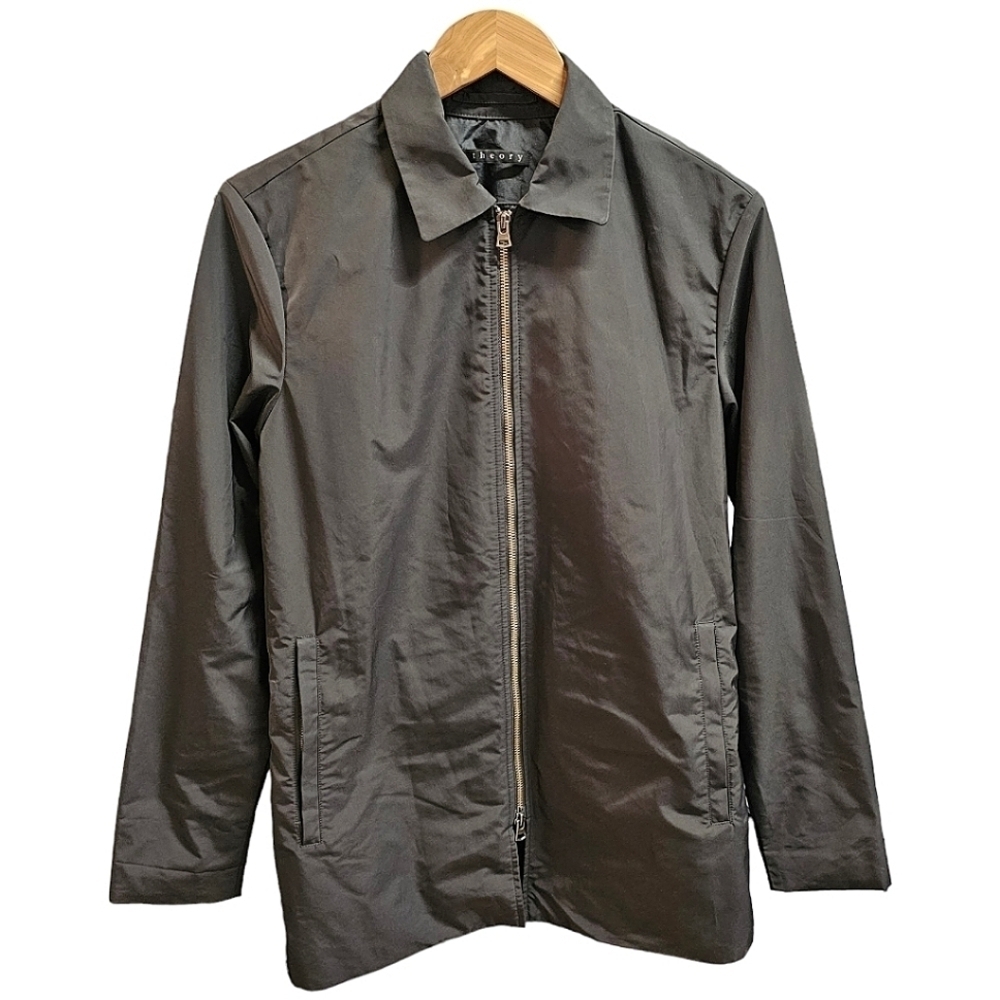Theory Black Zip Front Jacket Coat Size XS Drawstring Collar Relaxed Fit Outdoor